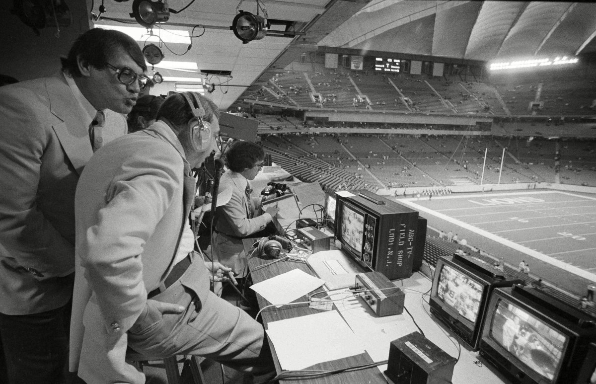 Cosell (center), with later MNF partners Alex Karras (left) and Frank Gifford, in 1975.